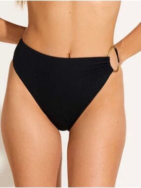 Vitamin A Black Ribbed High-Cut Bikini Bottom with Gold Ring Accent